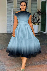 Plus Size Elegant A-line Tulle Midi Dress for Women Gradient Print Sleeveless Party Club Wedding Guest Dress for Summer 2024 SHOWLU FASHION STORE