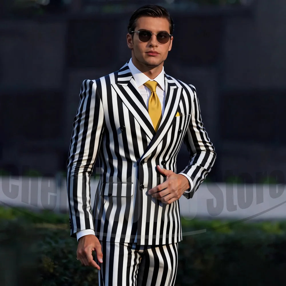 Stylish two-tone striped men's suit by Showlu Fashion, featuring a double-breasted blazer and matching trousers for casual or formal wear.