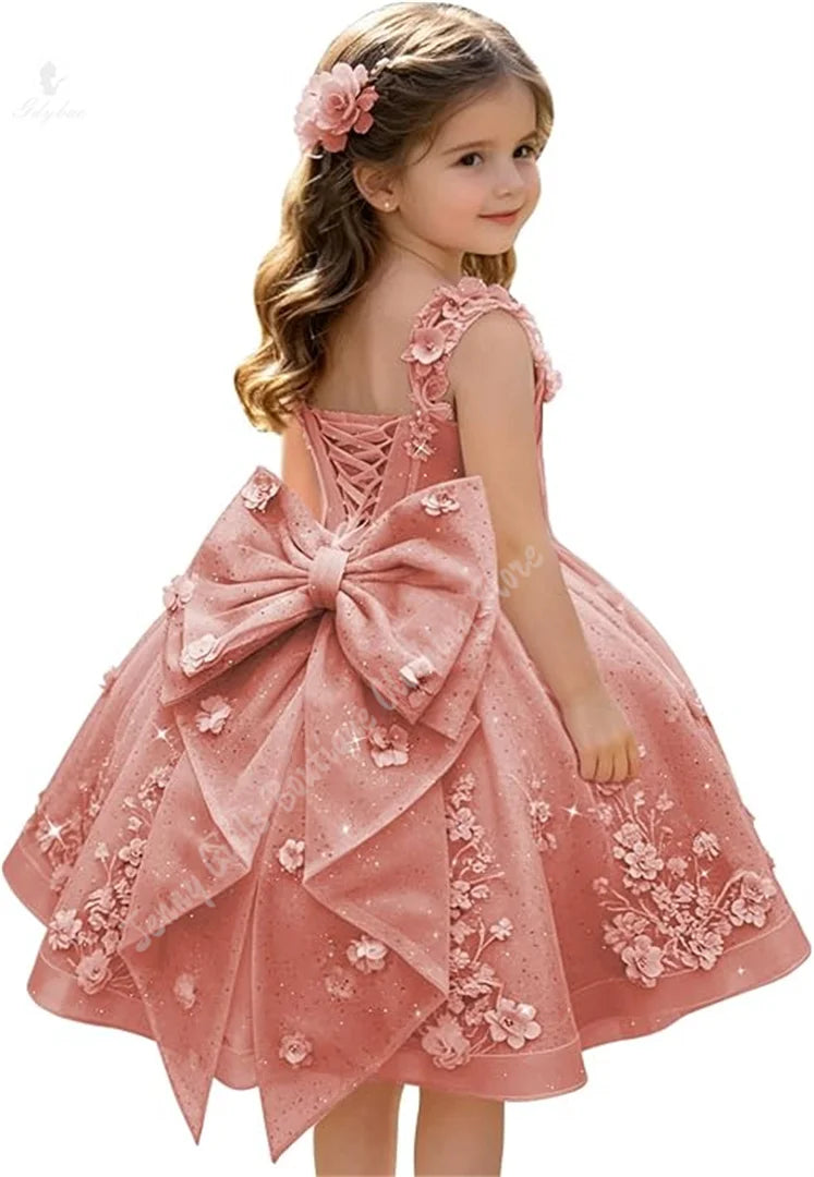 3D Floral with Bow Luxury Flower Girl Dress Wedding Thin Strap Backless Knee-Length Kid Pageant Party Birthday Event Dress