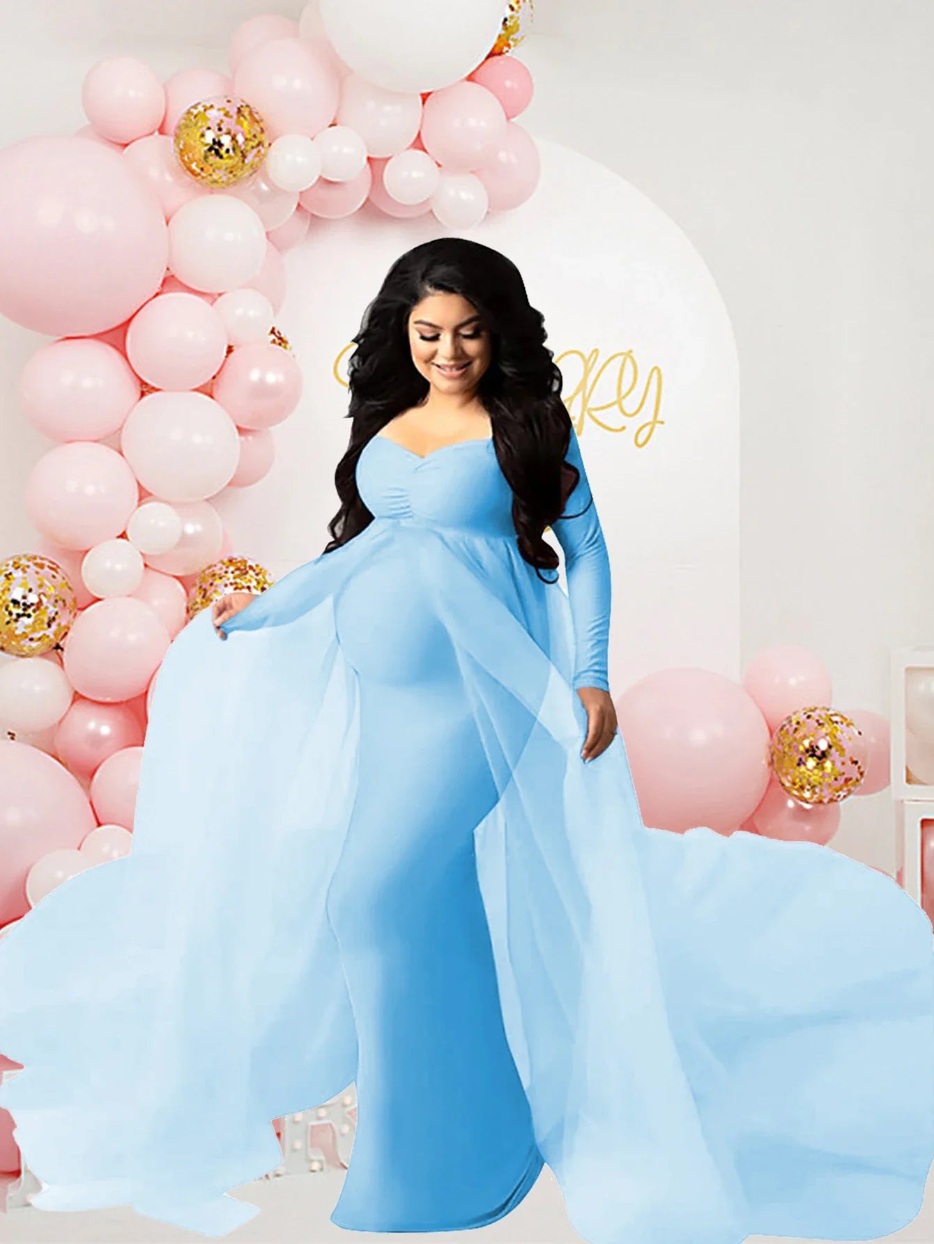 SHOWLU long sleeve mesh maternity dress with train, perfect for photoshoots, showcasing elegant fabric and flowing design.