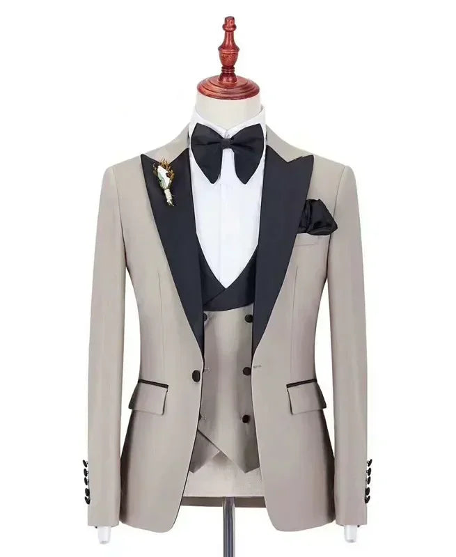 Men's olive green 3-piece slim fit wedding tuxedo suit by SHOWLU FASHION STORE, featuring formal jacket, vest, and trousers.