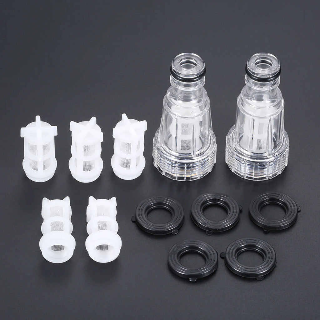 High-pressure water filter fitting set for Karcher K2-K7 pressure washers, compatible with car washing and cleaning appliances.