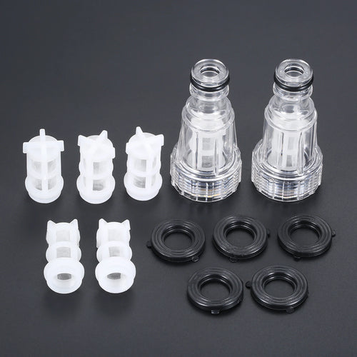 High-pressure water filter fitting set for Karcher K2-K7 pressure washers, compatible with car washing and cleaning appliances.