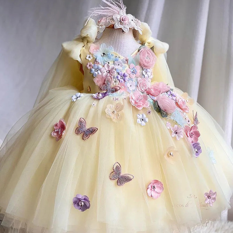 Baby girl dress with floral embroidery, large bow, puff skirt, suitable for Halloween, wedding, or special occasions.