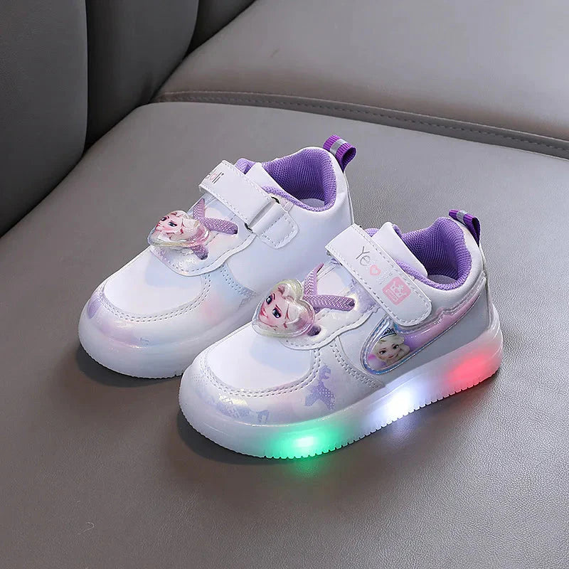 Disney Frozen Elsa girls LED light-up sneakers by SHOWLU FASHION STORE featuring breathable sport shoes with glowing LED lights.