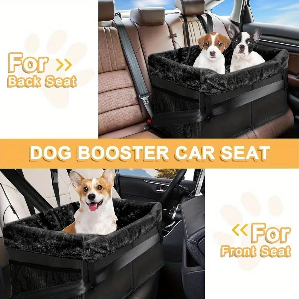 Portable Showlu Dog Booster Seat made of durable nylon, designed for small dogs to comfortably sit in cars.