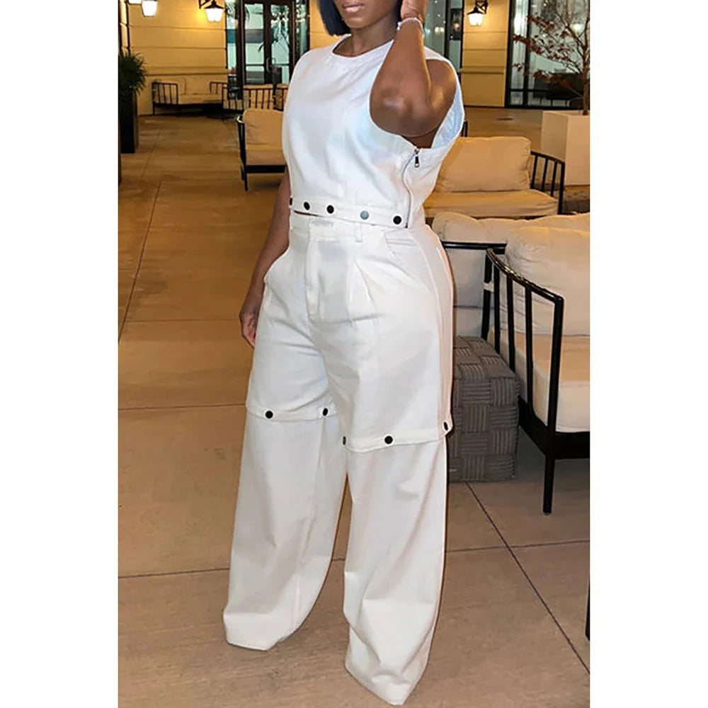 Plus size Showlu Fashion women's white two-piece pant set with pockets, casual and stylish for everyday wear.
