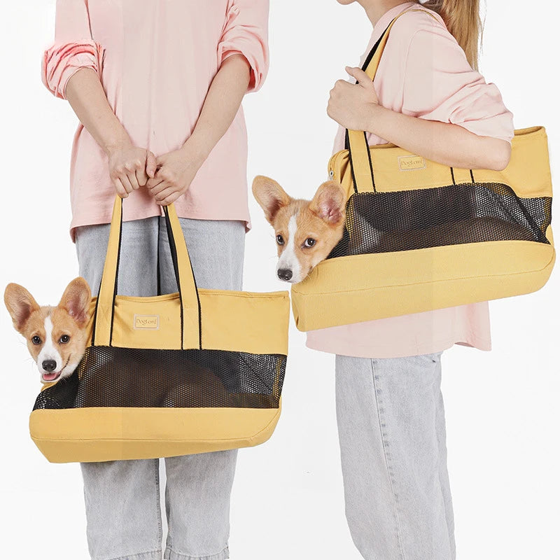 Breathable mesh pet carrier foldable canvas shoulder bag for cats, Showlu Fashion Store, shows front view with side ventilation.