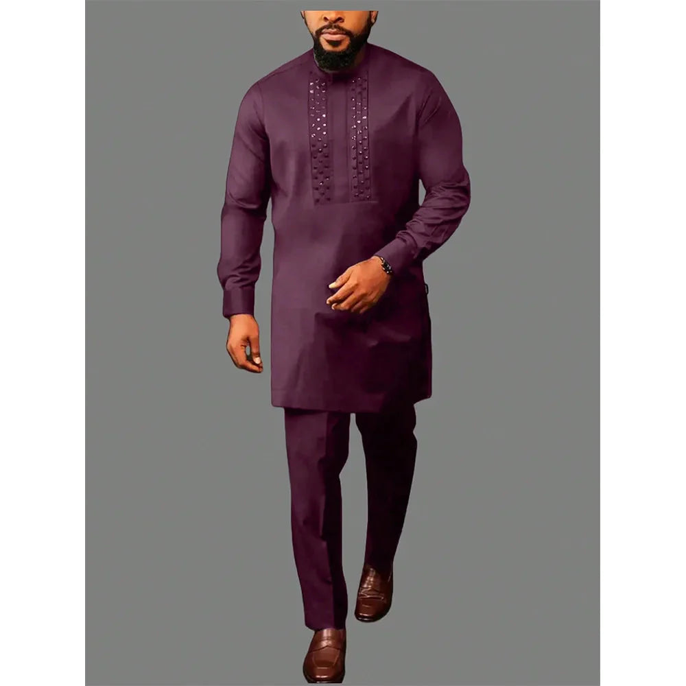 Men's striped two-piece suit by SHOWLU FASHION, featuring a formal cotton blend fabric and classic design for stylish occasions.