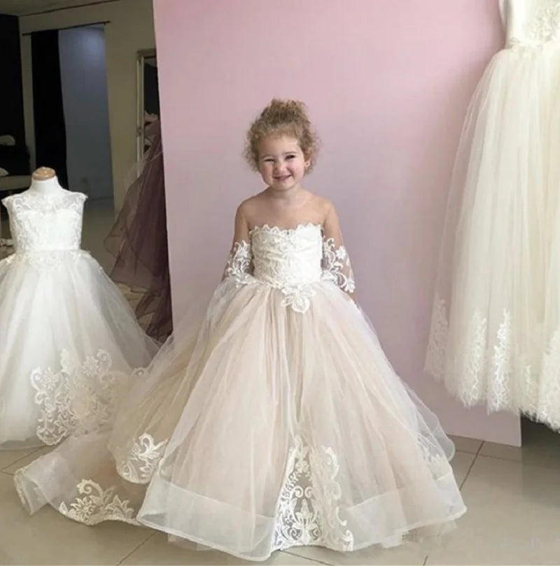 Lace champagne flower girl dress by Showlu Fashion Store, ball gown style with floral tutu and elegant lace details.