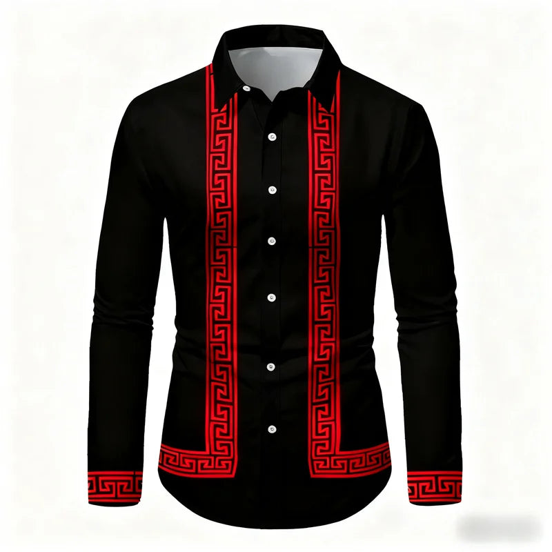 Men's retro geometric print long-sleeve shirt in black and white, slim fit, stylish casual top by Showlu Fashion Store.