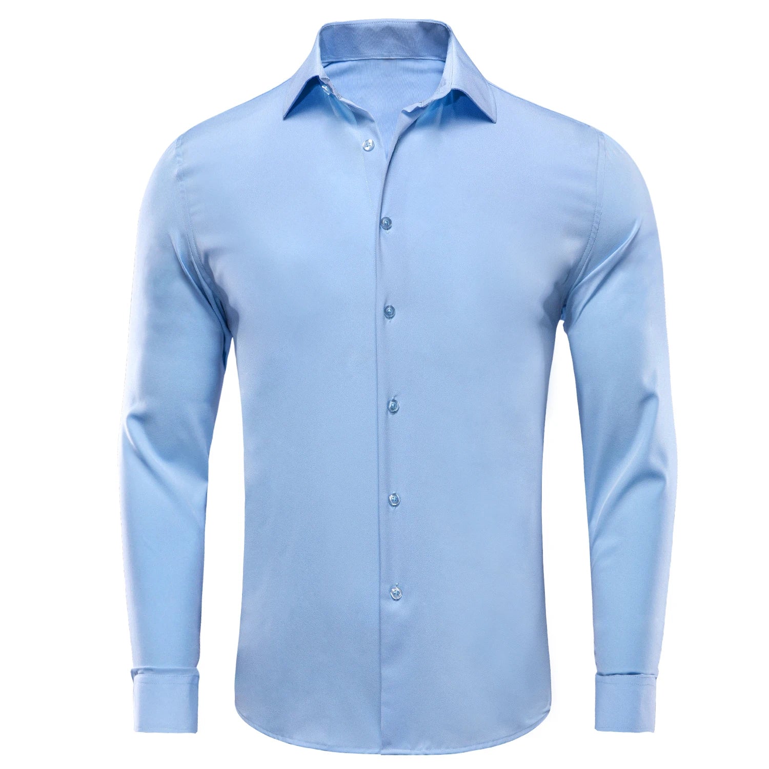 Blue silk men's long sleeve dress shirt with lapel, showing a close-up of the collar and fabric texture.