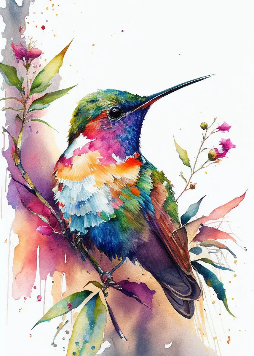 Colorful watercolor hummingbird and flower wall art canvas print, vibrant bird and floral decor for living room or home.