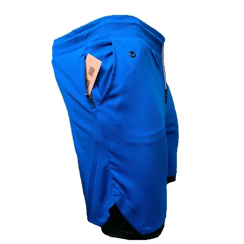 Men's camo running shorts by Showlu Fashion, quick-dry 2-in-1 gym sports shorts for workout, training, and jogging.