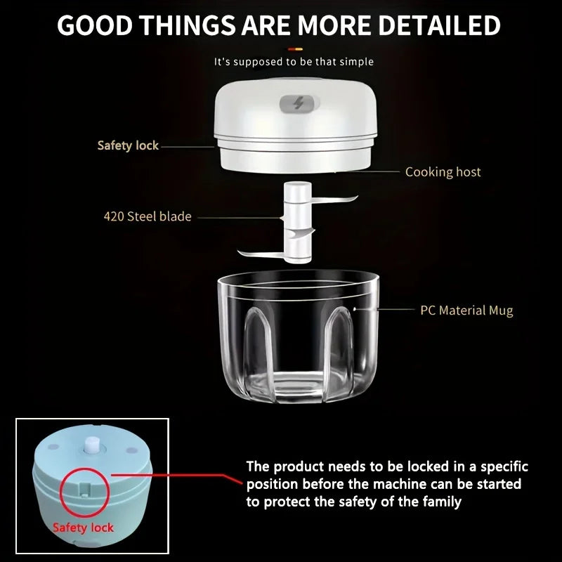 Mini rechargeable garlic chopper and meat grinder in black, compact and sturdy, ideal for crushing garlic, chili, onions, nuts, and meat.