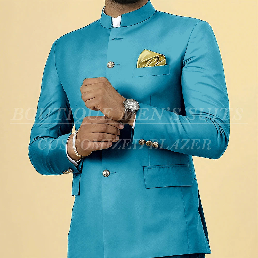 Elegant men's slim fit wedding suit with blazer and pants, single-breasted, stand lapel, tailored for formal occasions.