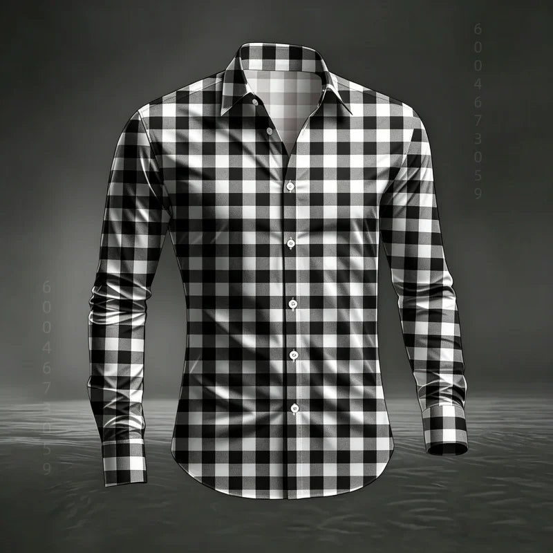2026 Men's New Classic Plaid Shirt with Plaid Printing, Slim Fit Collar Long Sleeve Shirt, Men's Top, Comfortable Fabric XS-6XL