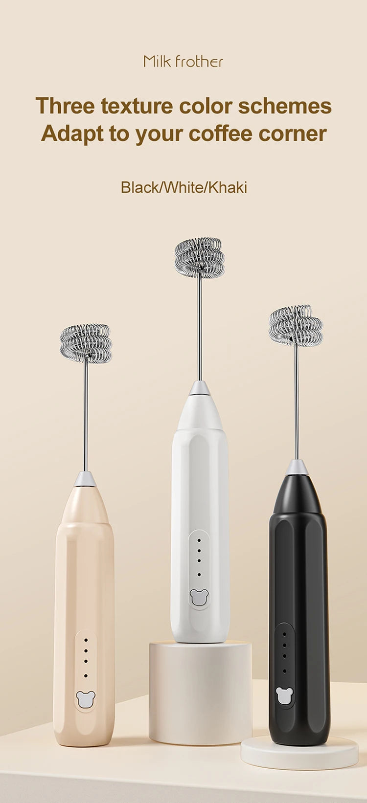 Showlu Smart General portable mini electric milk frother with 3-speed settings, handheld rechargeable device for creamy froth.