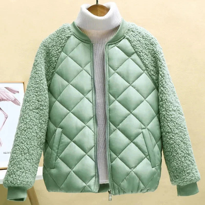 Women's hooded light down cotton jacket with patchwork design, short style, by SHOWLU FASHION STORE.