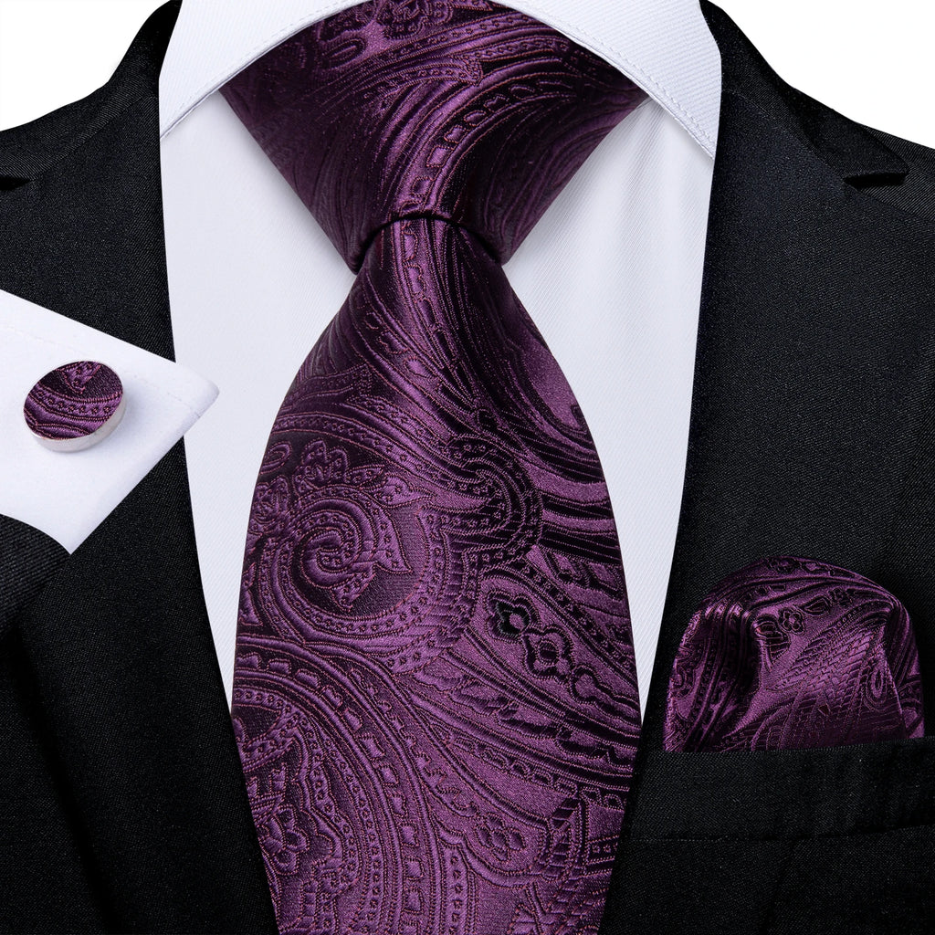 DiBanGu Ties For Men Purple Floral Paisley Necktie Business Formal 100% Silk Tie Pocket Square Set For Wedding Party Cravat