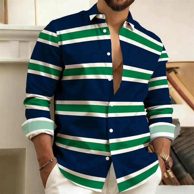 Men's striped long-sleeved casual shirt with lapel, outdoor street style, comfortable fabric, from Showlu Fashion Store.