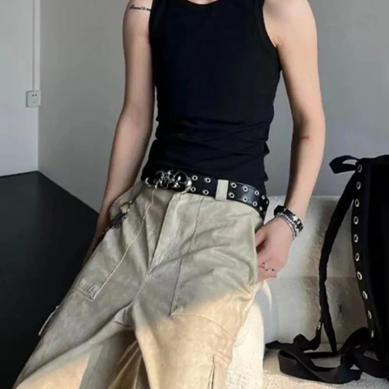 Y2K hollow PU leather punk belt for men and women, stylish neutral waist accessory, plus size fashion belt from Showlu Fashion.