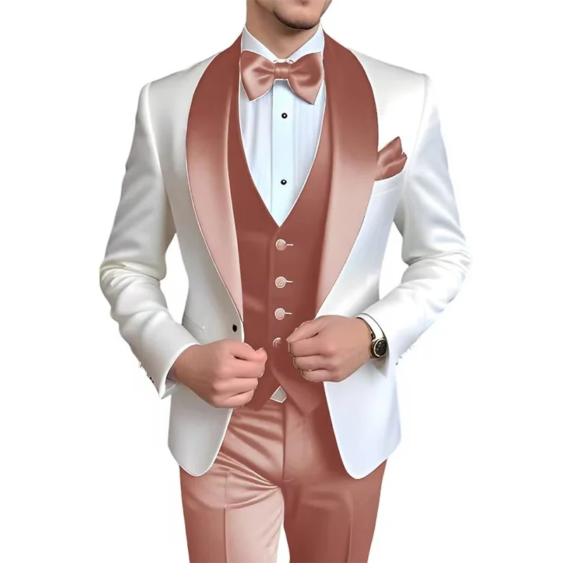 Men's 3-piece blue and white designer tuxedo with elegant style, suitable for weddings, parties, and formal events.