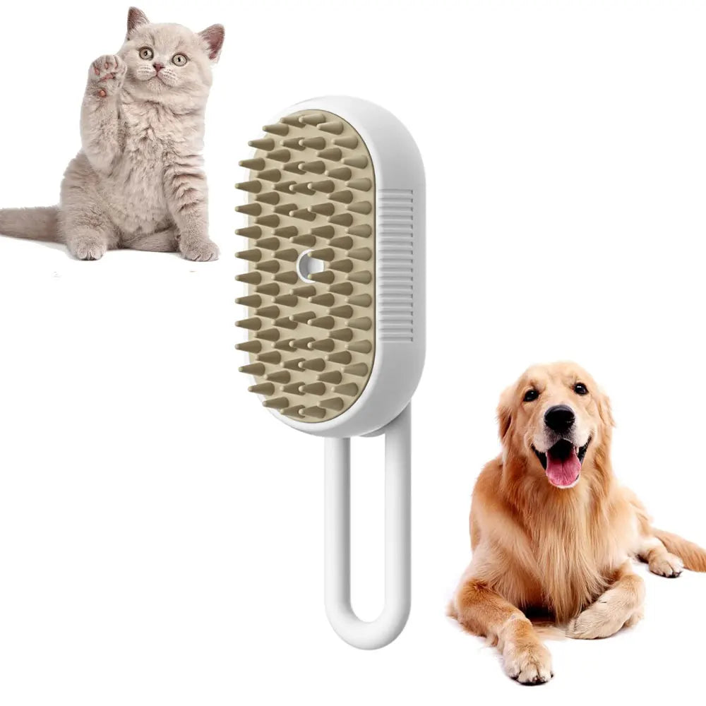 Rechargeable steam cat grooming brush by Showlu Fashion Store with self-cleaning, 3-in-1 electric pet brush and massage features.
