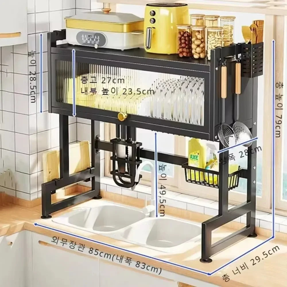 Showlu stainless steel over sink dish drying rack, scalable kitchen organizer with multiple compartments and drip tray.