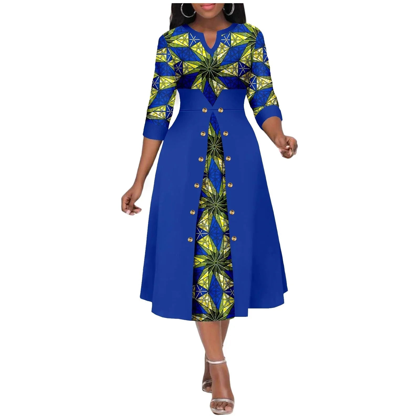 AfriPRIDE women's Ankara print V-neck cotton A-line midi dress with vibrant traditional patterns and a stylish, comfortable fit