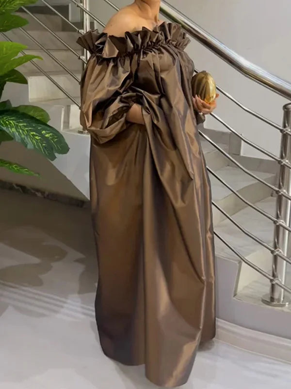 Freeacy Summer Women's Dress Solid Color Elastic Off-the-shoulder Puff Sleeve Loose Maxi Dress 2024 Fashion Casual Party Dresses
