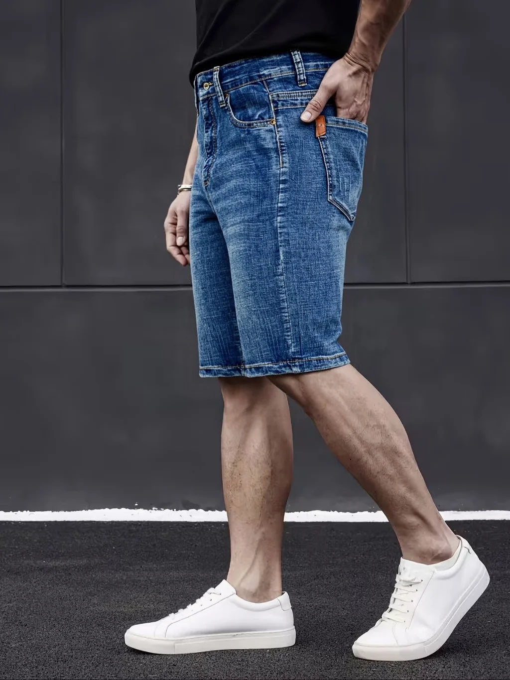 Slim fit men's denim shorts by Showlu Fashion Store, casual summer shorts with stretch, classic style, size 40.