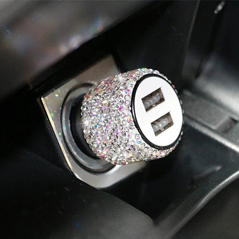 Pink Showlu crystal dual USB car charger with 3-in-1 charging cable, compact design for convenient in-car device charging