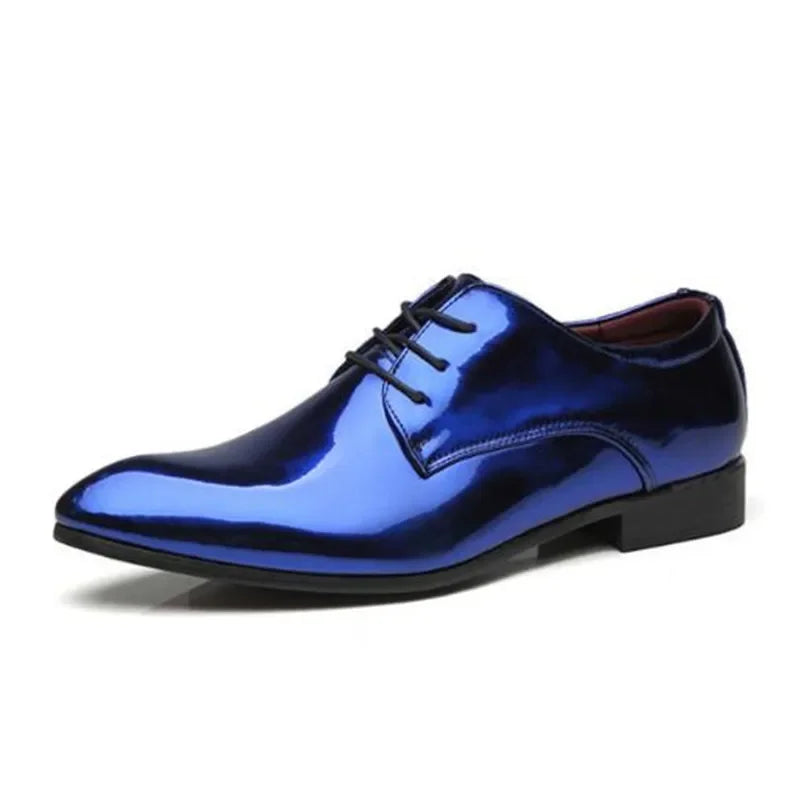 Showlu Fashion Men's patent leather Oxford shoes with pointed toes, ideal for weddings and formal occasions.