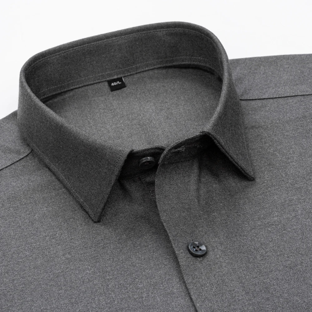 Men's wool blend long sleeve dress shirt by Showlu Fashion, solid color, soft fabric, regular fit, suitable for office and casual wear.