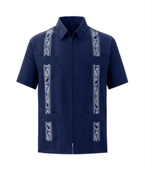Fashion Zipper Men's Guayabera Shirts Four Pocket Embroidered Traditional Short Sleeve Shirts for Men Mexican Cuban Shirts