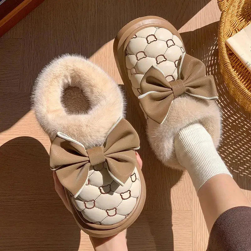 Women's platform snow boots with bowknot detail and furry lining, stylish winter booties by SHOWLU FASHION STORE.
