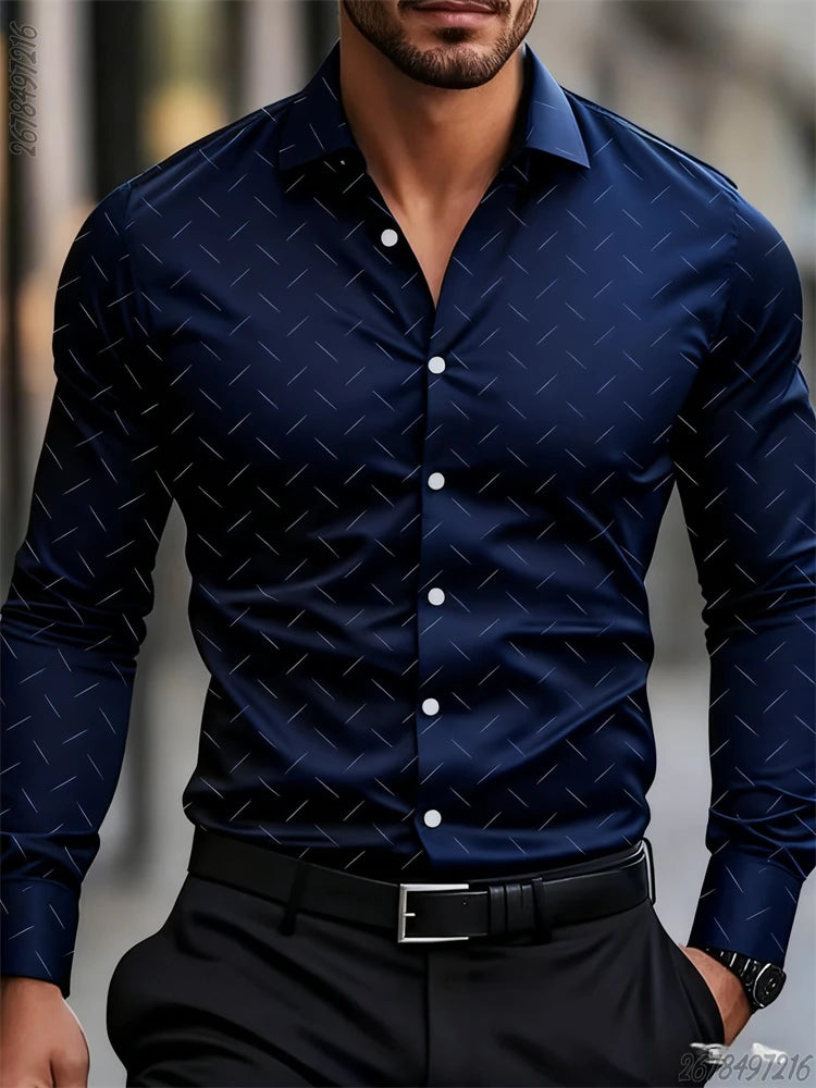 Men's long-sleeved geometric pattern shirt in 17 colors by Showlu Fashion, stylish business casual top, non-iron and comfortable.