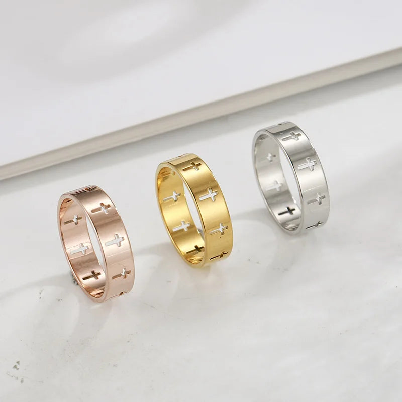 Stainless steel Gothic cross couple ring with punk design, featuring a cross motif for wedding or matching fashion jewelry.