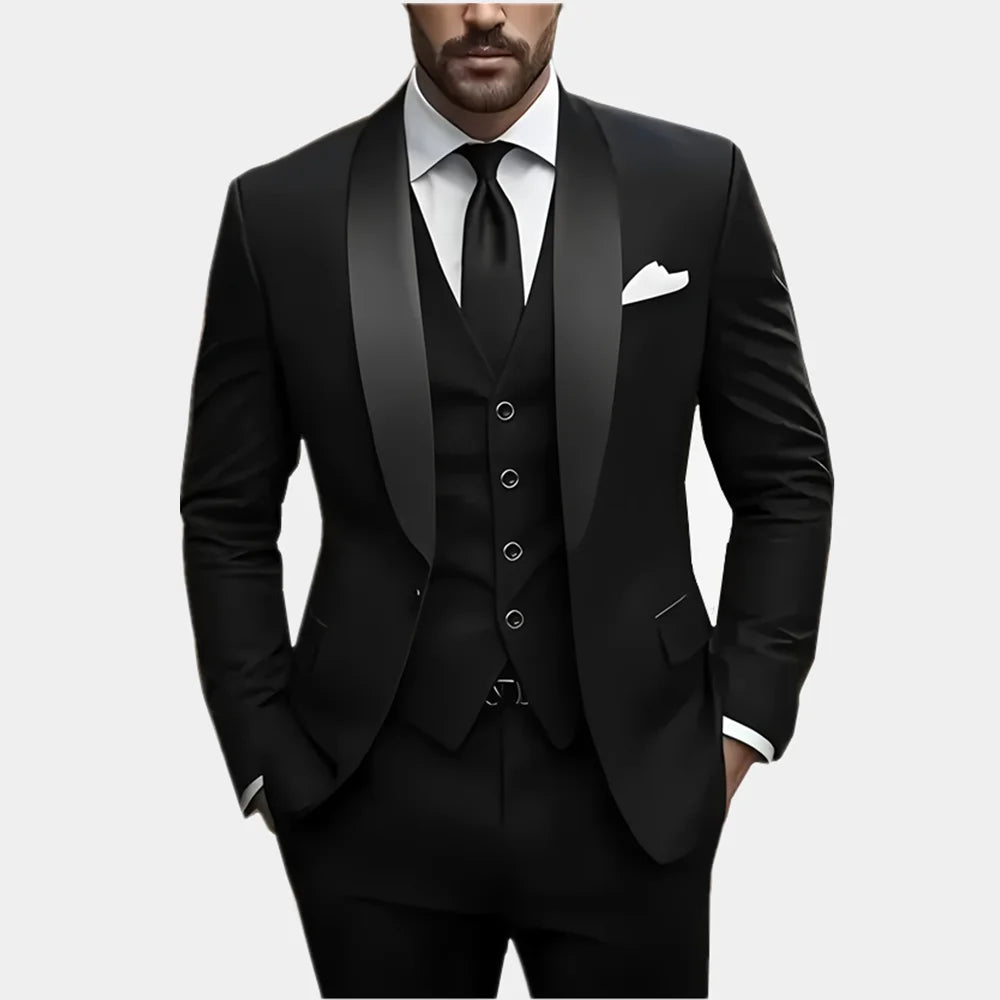 Men's formal business jacket, vest, and trousers set in solid color, suitable for office, wedding, and party occasions.