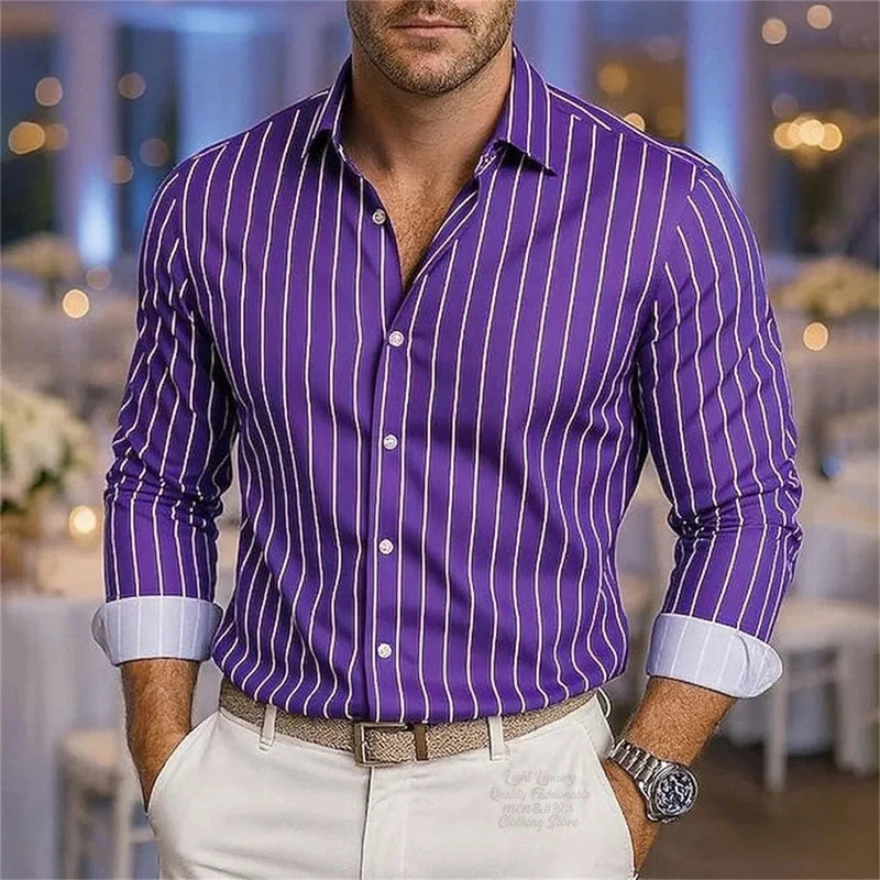 Men's striped casual shirt by Showlu Fashion with long sleeves, breathable fabric, button-down lapel, stylish and comfortable.
