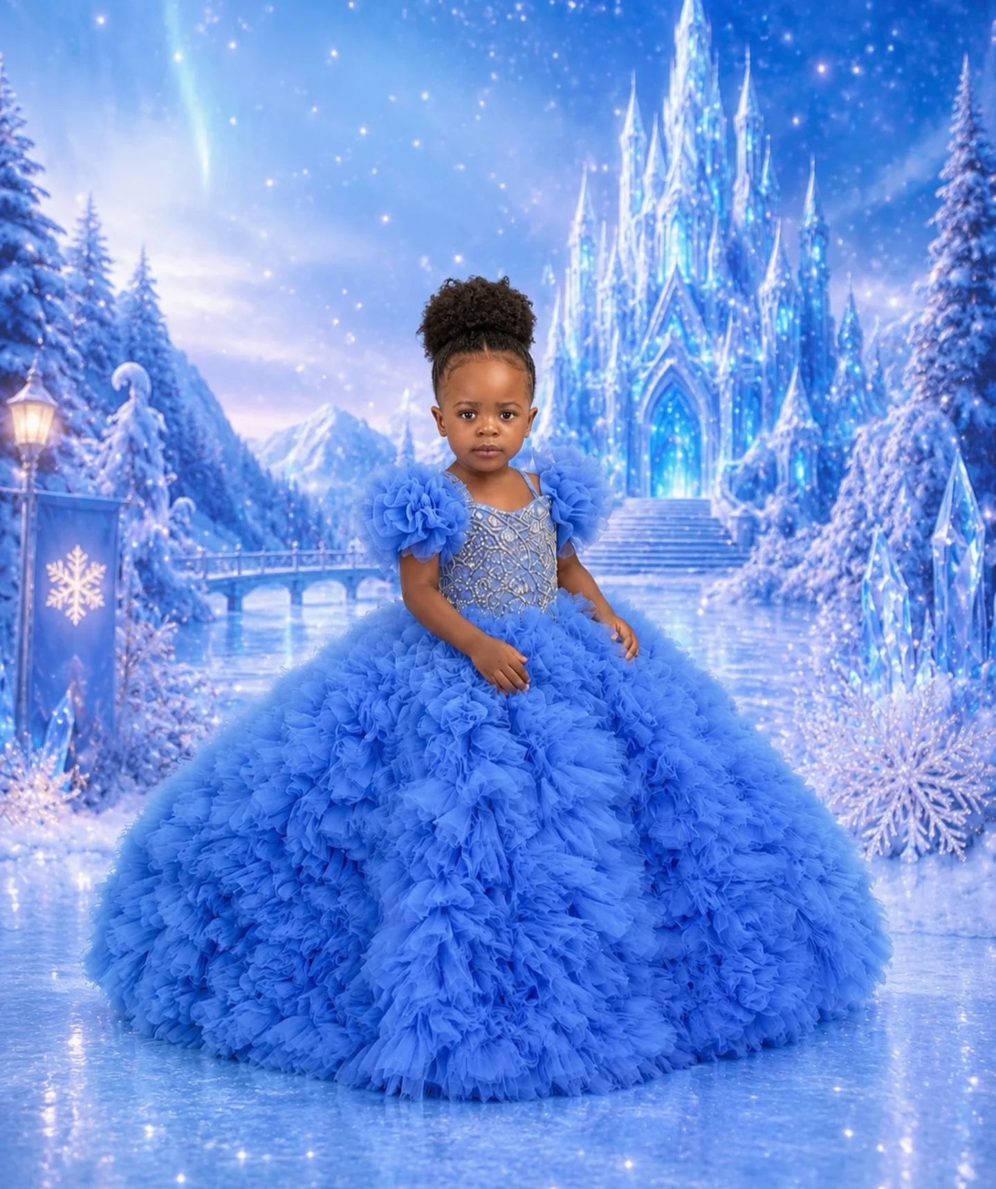 Customized Blue Princess Flower Girl Dresses Prom Ball Gowns Puffy Tulle Kids Wedding Birthday Party Dresses