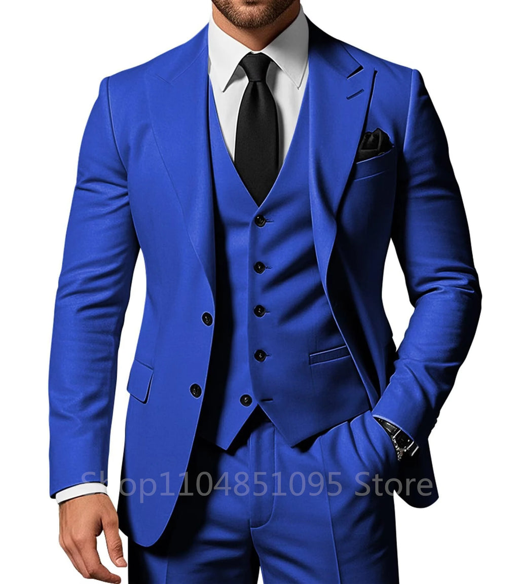 Three-piece men's wedding suit set with peak lapel tuxedo jacket, matching pants, and vest, formal attire for groom or special events.