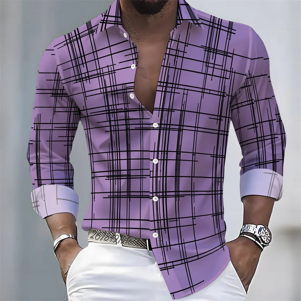 Men's long-sleeved striped shirt in 21 spring/autumn colors by Showlu Fashion, European style casual loose fit, comfortable top.