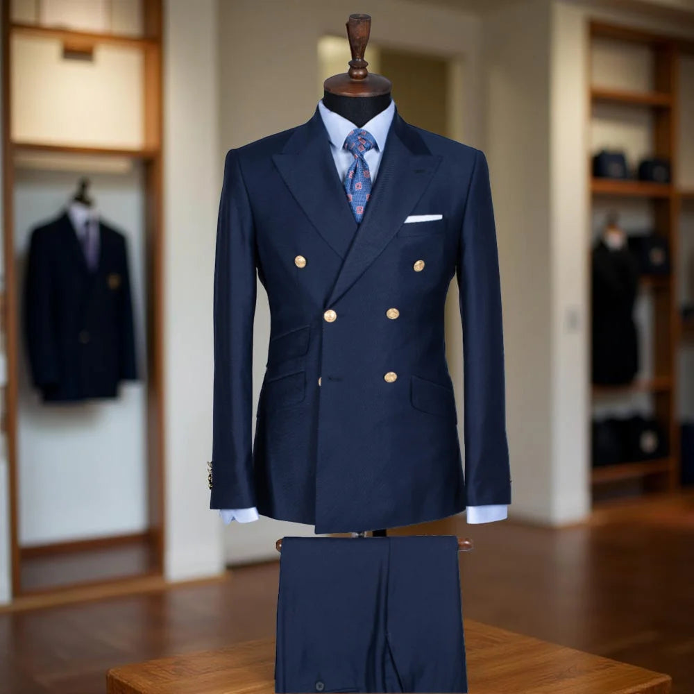 Formal men's double-breasted slim fit tuxedo jacket and pants with peak lapel, suitable for weddings, parties, and special events.
