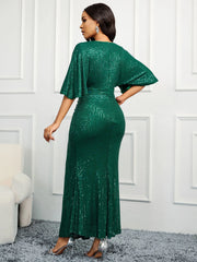 Women Sequin Dress Summer elegant V-Neck Ruffles Short Sleeves Vintage Pencil Pleats Slim Fit Fashion Banquet Cocktail Party