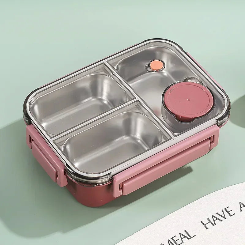 Stainless steel 850ml portable lunch box with insulated thermos design, ideal for kids and adults to store hot or cold meals.
