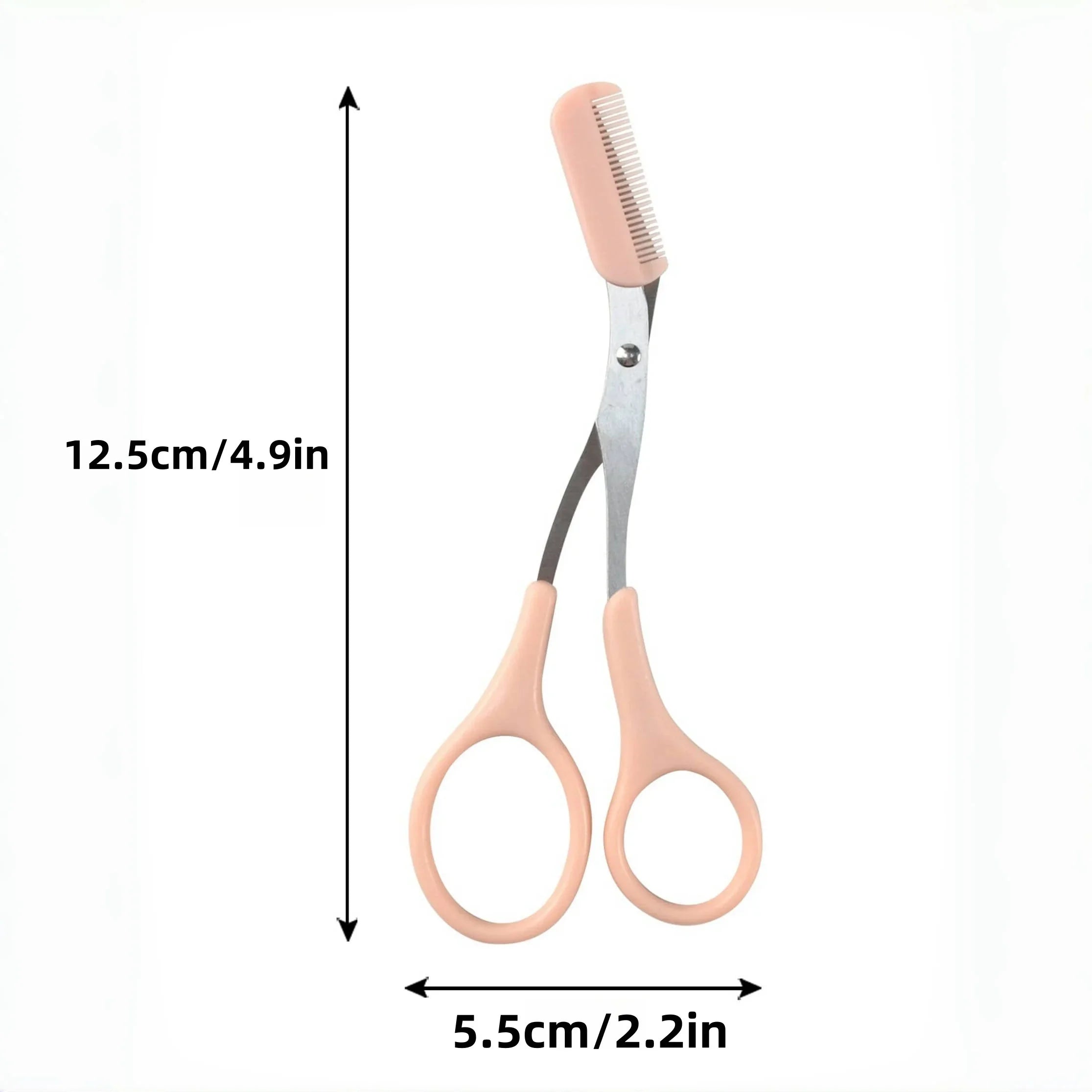 Pink stainless steel eyebrow trimming scissors with built-in comb, precise grooming tool for shaping perfect eyebrows.