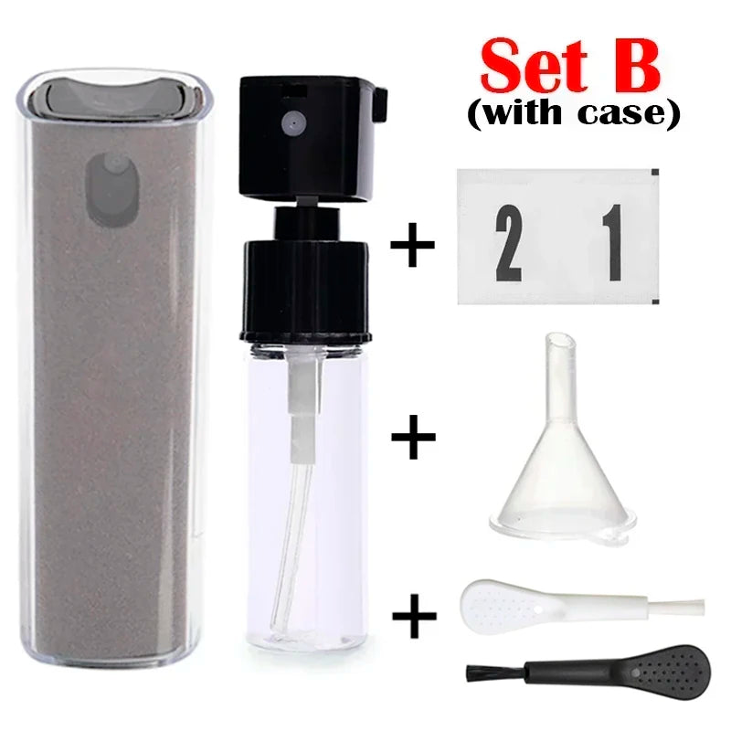 Microfiber screen cleaner spray bottle for mobile phones, tablets, and laptops, shown with press spray mechanism and no liquid.