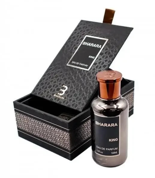 Bharara King Eau de Parfum for Men, floral scent, 3.4 oz spray, showing the sleek perfume bottle with floral accents.